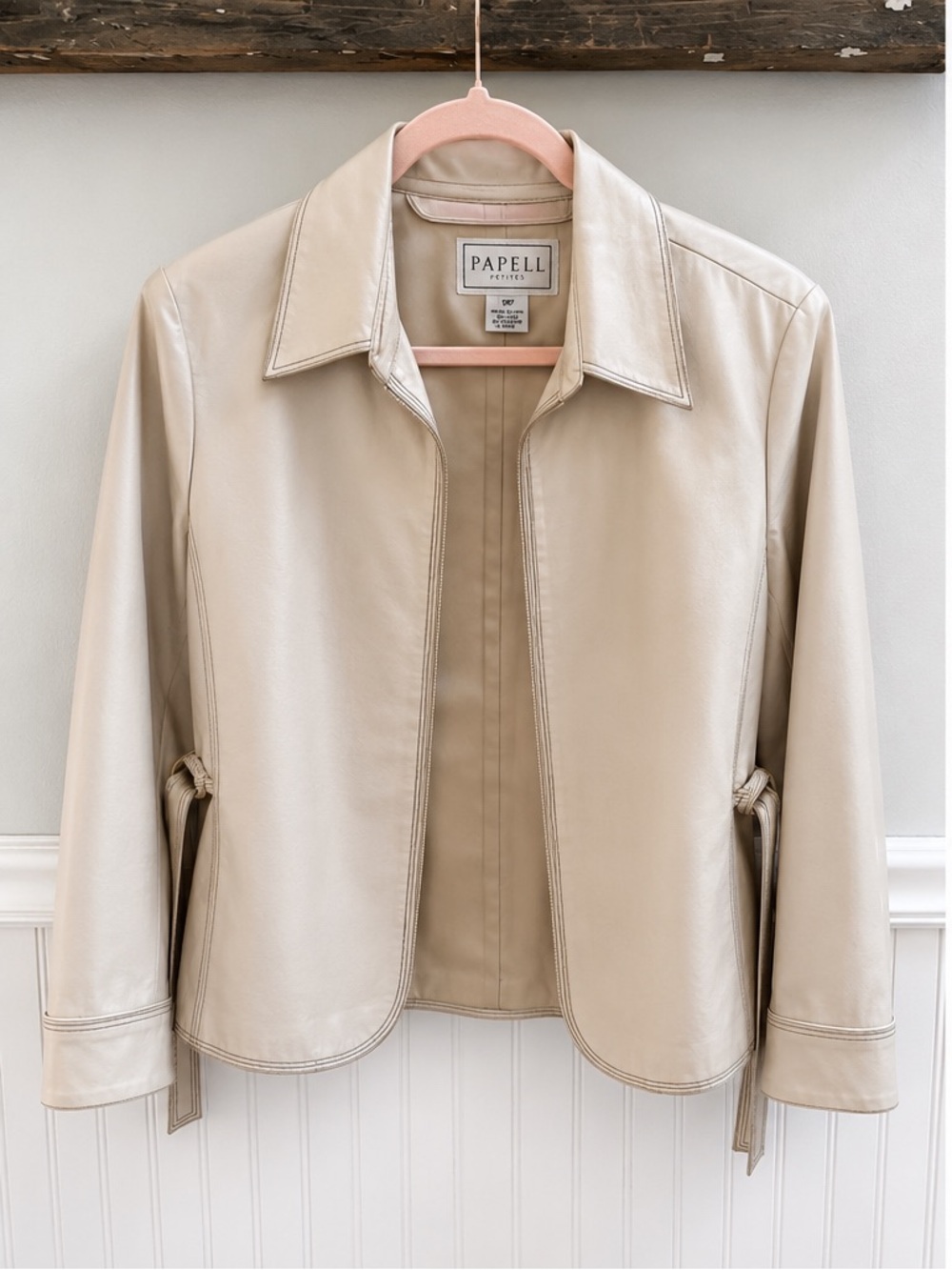 Women's Cream Leather Jacket — Classic Open-Front Style